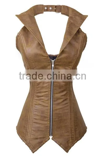 Women 16 Double Steel Bone Leather Fabrics Zippered With Thick Rope Tie Belt Overbust Shaper Corset photo-4
