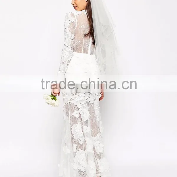 MGOO Lace 3D Floral Fishtail Maxi Dress Crew Neck Long Sleeves Embroidered Wedding Dress Bridal Grown photo-3