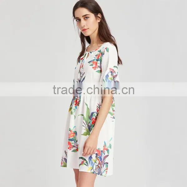WHITE Flower Designed Short Dress, Women Chiffon Short Sleeve Dress photo-3
