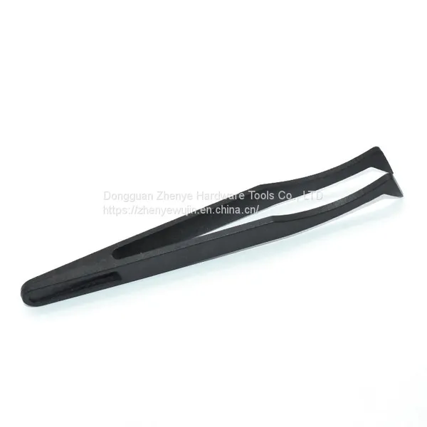 Tweezers Industrial Flat Head Carbon Fiber Plastic Anti-static Elbow Black Plastic Round Head Pointed Tweezers Flat Head 93306 photo-2