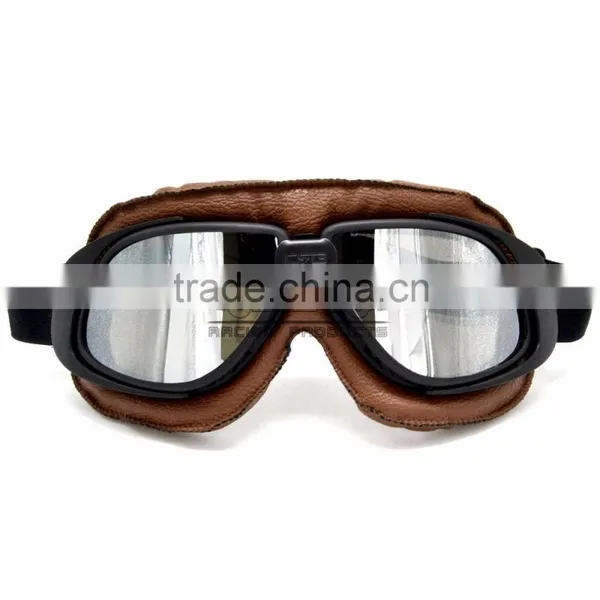 BJ-GT-008 New Style Silver Lens Brown Leather Racing Motocross Goggles photo-2