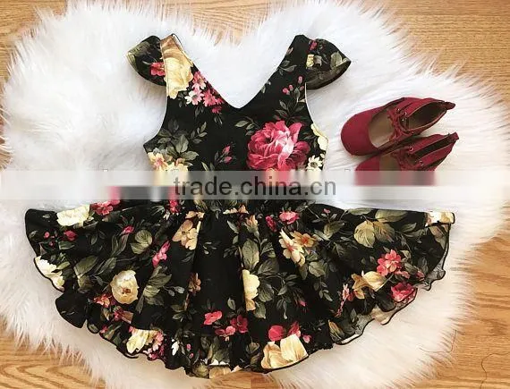 Toddler Girls Fall Autumn Black Burgundy Floral Vintage Boho Short Ruffle Dress photo-2