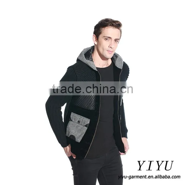 Men Patchwork Leather Knitted Jackets Coat Alpaca Hooded Sweater With Zipper photo-3