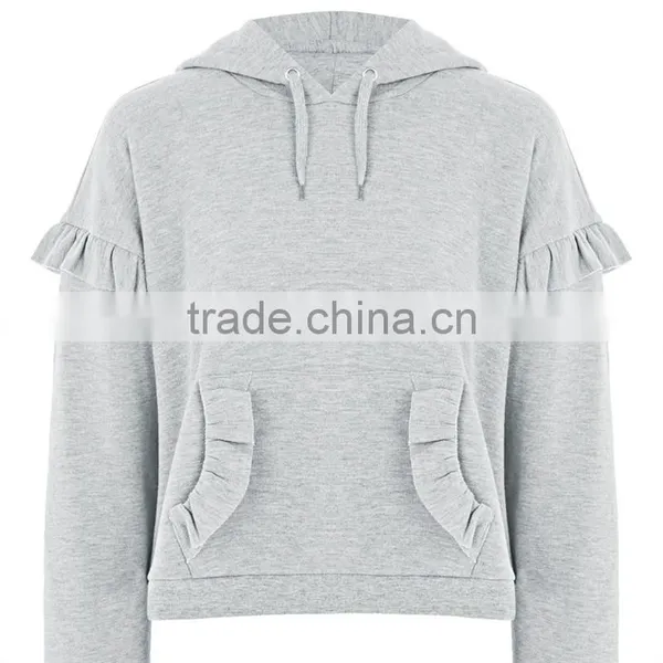 2017 Oem Spring Long Sleeves Solid Color Pretty Ruffle Grey Marl Hoodie photo-4