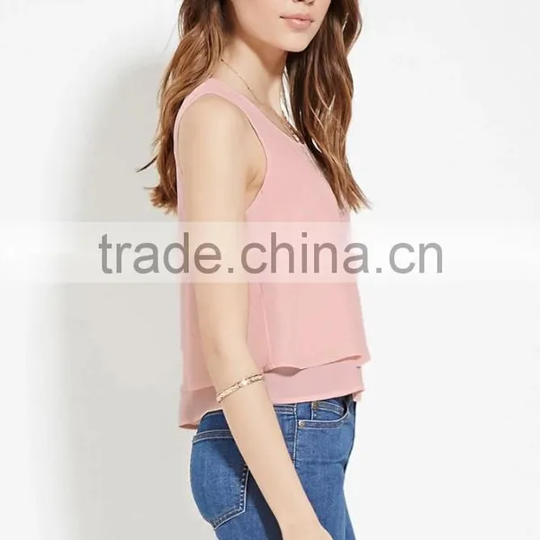 2016 Guangzhou Shandao Oem Service Summer New Design Casual Plain Dyed Sleeveless Double Layer Women Chiffon Tops photo-2