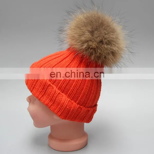 Top Grade Red Child Pompom Hats for Kids With 15cm Large Raccoon Fur Ball photo-3
