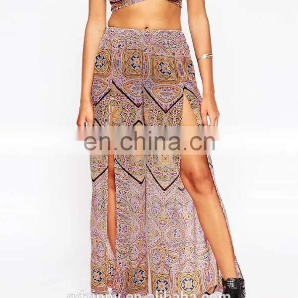 High Fashion Purple Graphic Print Split Beach Loosly Ladies Trousers Pants photo-4
