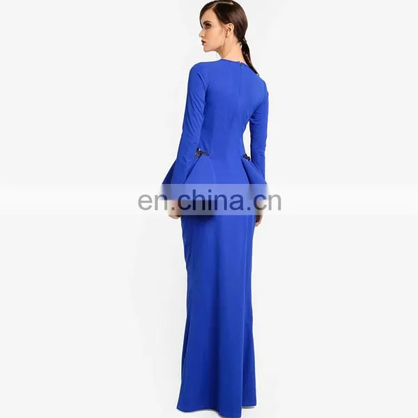 High Quality Islamic Clothing Custom Women Plain Blue Baju Kurung Dress photo-3