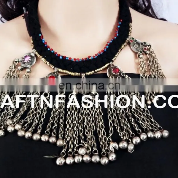 Antique Ethnic Beaded Old Coin Necklace - Designer Heavy Banjara Kuchi Beaded Necklace 1960s Vintage Tribal Gypsy Necklace photo-3