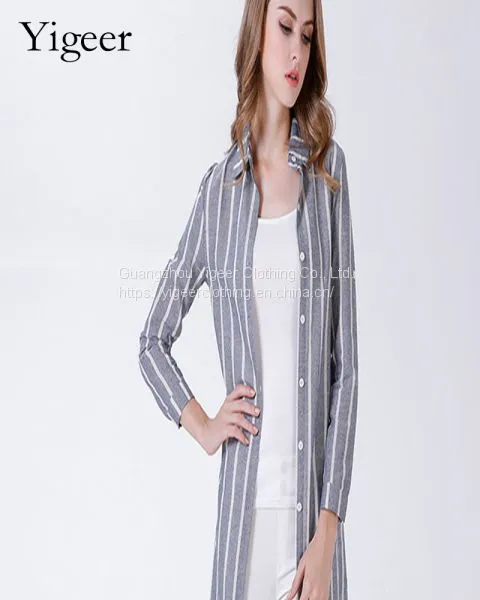Long Sleeve Strip Linen Casual Shirt With Waist String