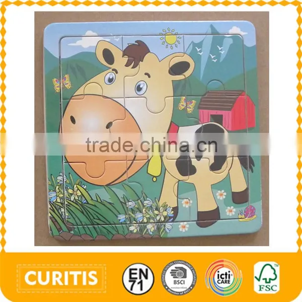 2015 Christmas Gift Wood Toys 9 Pcs Flatbed Cheap Educational Self-assembly Wooden Animals Horse Puzzle Toys for Kids
