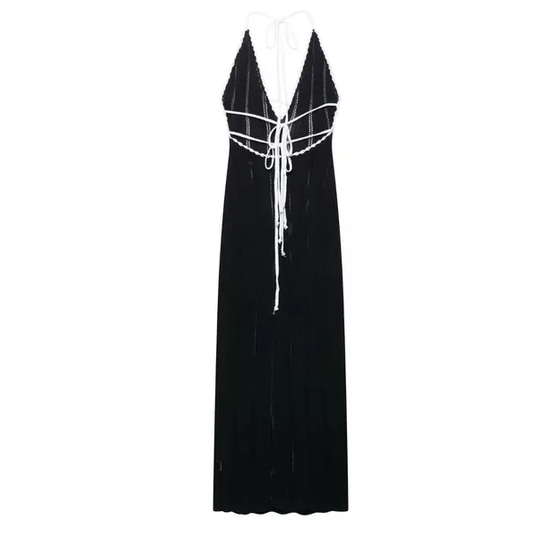 Ins European and American V-neck Hanging Neck Backless Knitted Beach Dress With Hollow Out Sexy Slim Fit Strap Beach Dress, Long Skirt for Women photo-5