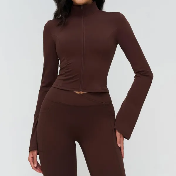 Zechuang Solid Sweat-Wicking Yoga Jacket Stand Collar Zipper Flared Sleeves Fashionable Women's Outdoor Running Sports Top Set