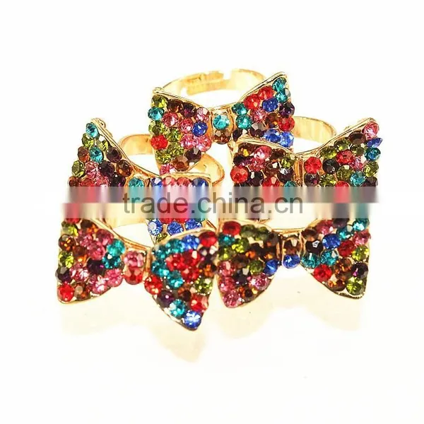 Colorful Crystal Paved Butterfly Nice Design Bow Tie Shape Addustable Ring photo-5
