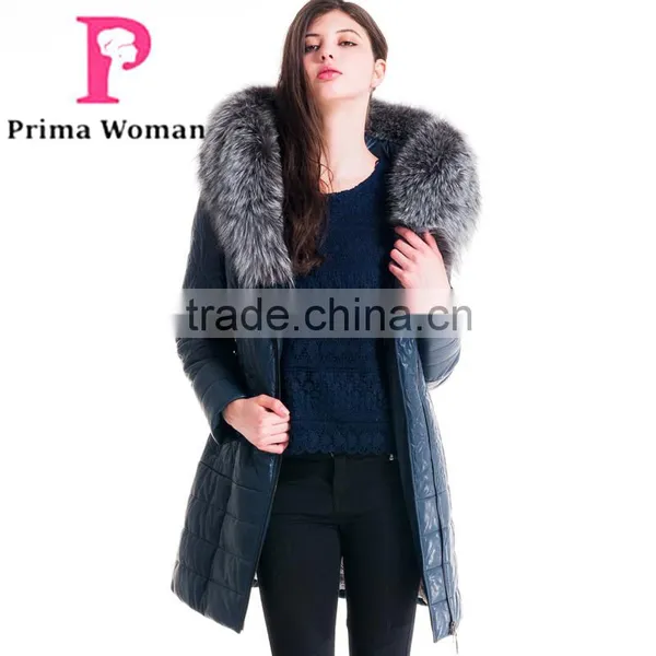 2015 Women Winter Leather Medium Length Slim Fit Coat With Brown Fox Hat Overcoat photo-3