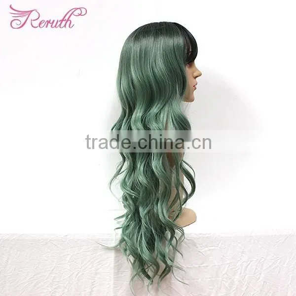 Long Wave Blue Human Hair Wig for Women photo-3
