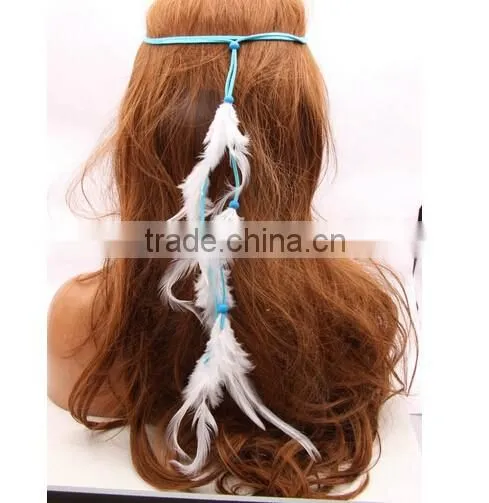 New and Fashion Women Double Layers Braided Hairband Colorful Feather Leaf Pendant Head Band photo-3