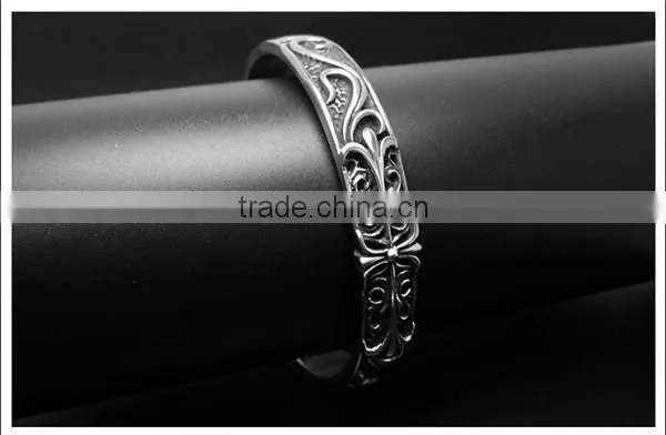 C Shape Antique Silver Vintage Engraved Stainless Steel Bangles photo-2