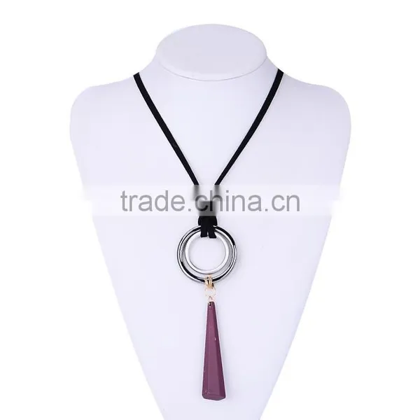 Silver Double Hoops Geometric Rubber Pendant Necklace Suede Velvet Leather Necklace Geometric Long Sweater Necklace photo-4