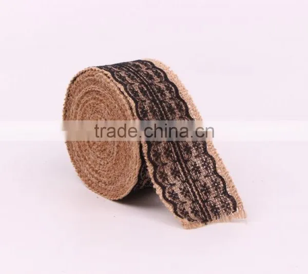 Jute Burlap Natural Hessian Ribbon With Black Color Lace Trim Wedding Rustic Vintage photo-4