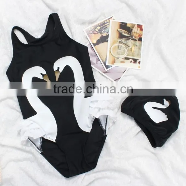 2017 Hot Sale Baby Girls Swan Printed Swimwear With Hat Suit photo-3