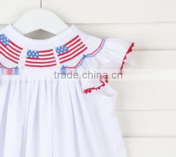 2017 White Summer Baby Short Sleeve Stars and Stripes Smocked Dress Children Frocks Designs for Kids Clothing photo-3