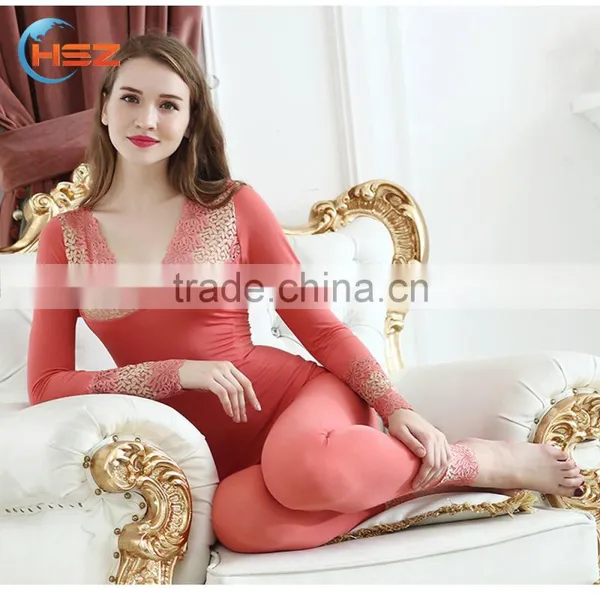 Hsz-TU004 V-neck Cotton Lace Top Ladies Sexy Slim Top Hot Sale Breathable Long Thermal Underwear