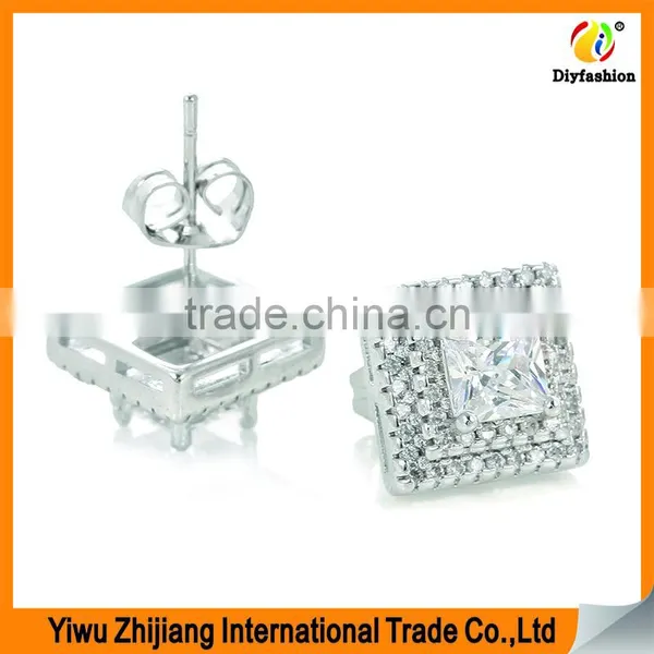 Double Row Diamond Set Square Zircon Platinum Plating Zircon Stud Earrings photo-2