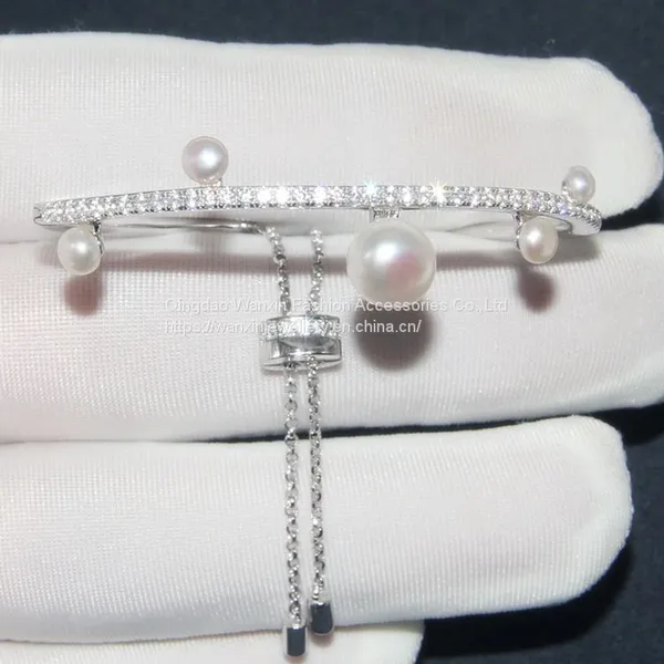 S925 Sterling Silver Women's Diamond Line Pearl Bracelet photo-4