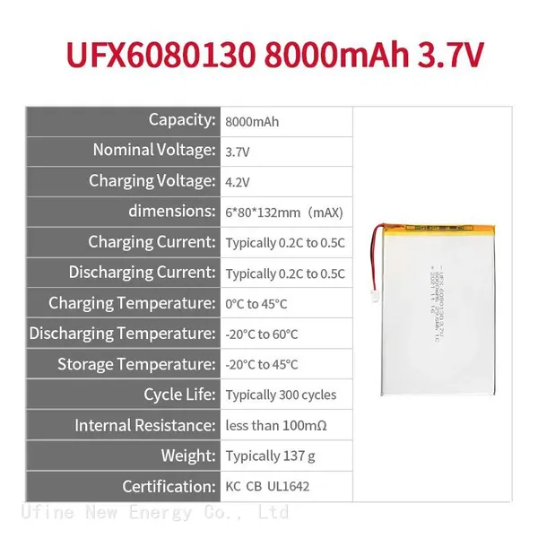 Custom Super Thin Bluetooth Keyboard Battery UFX 6080130 8000mAh 3.7V Rechargeable Li-polymer Battery photo-2