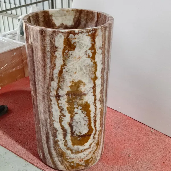 Wholesale Natural High Quality Wood-Grain Marble Stone Free Standing Pedestal Sink Hand Wash Basin for Home Garden and Villa photo-3