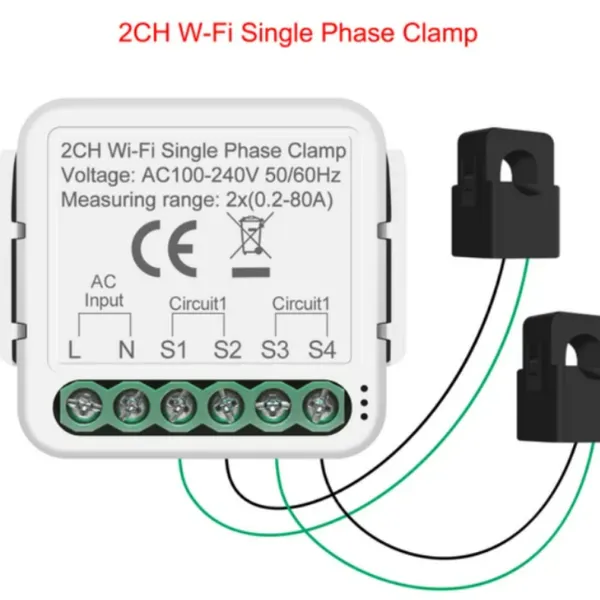 2 Gangs WiFi Energy Clamp Bidirectional Meter App Real-time Monitor Power Consumption AC100-240V Work With Tuya