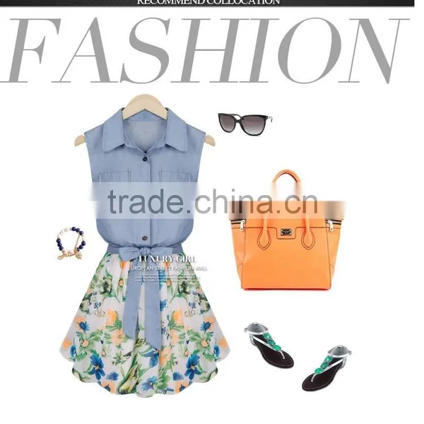2015 New Arrival European Style Women Dress Summer New Design Denim Printing Floral Chiffon Dress Quality Choice photo-2