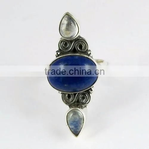 Two Tones Royal !! Lapis & Rainbow Moonstone 925 Sterling Silver Ring, Handmade Silver Jewelry , Wholesale Silver Jewelry photo-2