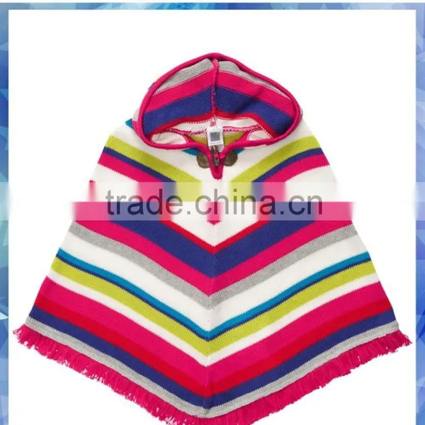 100% Cotton Bright Stripe Knit Kids Hooded Poncho/kids Cape/girls Sweater Cape