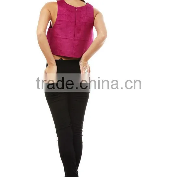 Runway Raspberry Patchwork Geometric Suede Trendy Crop Top photo-6