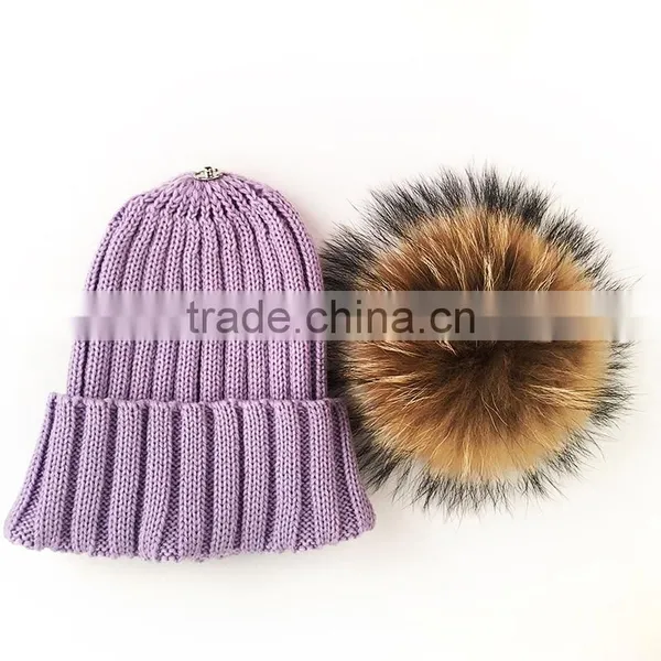 Myfur High Quality Real Raccoon Fur Bobble Wool Blend Knitted Hat Wholesale photo-3
