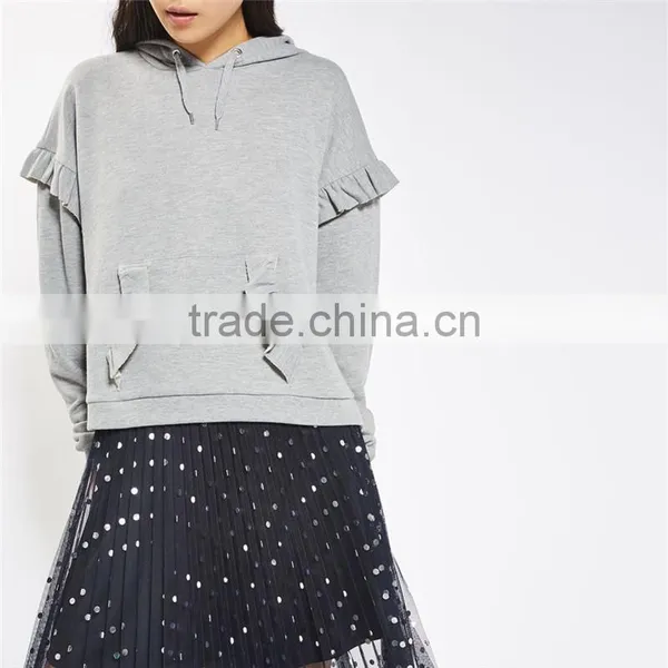 2017 Oem Spring Long Sleeves Solid Color Pretty Ruffle Grey Marl Hoodie photo-2