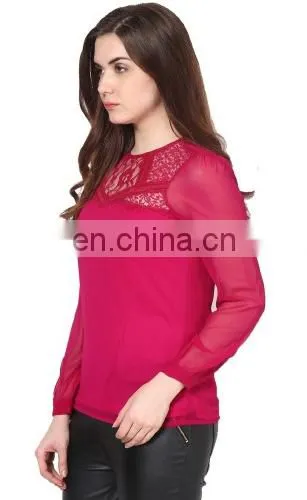 Popular Creation Latest Designer Chiffon Lace Neck Pattern Red Hot Comfortable Long Sleeve Western Beautiful Tunic Dress Top photo-2