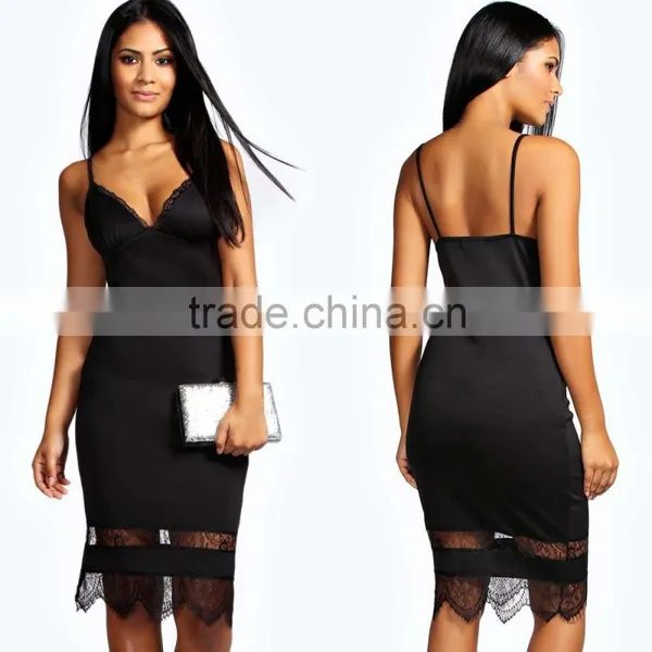 2015 Sexy Deep v Neck Straps Lace Insert Bodycon Midi Dress Online Shopping