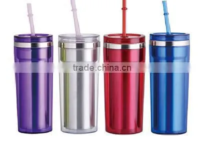 350ml/450ml Stainless Steel Inner Steel Outer Plastic Double Layer Cup With Straw photo-3
