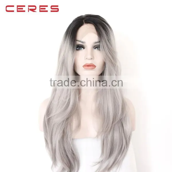 Lace Front Black to Grey Ombre Wig Long Wavy High Temperature Synthetic Wig Supplier's Choice photo-5