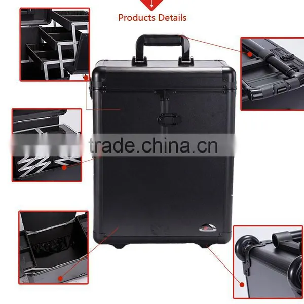China Wholesale High Quality Aluminum Trolley Portable Makeup Cases Rolling Cosmetic Boxes photo-6