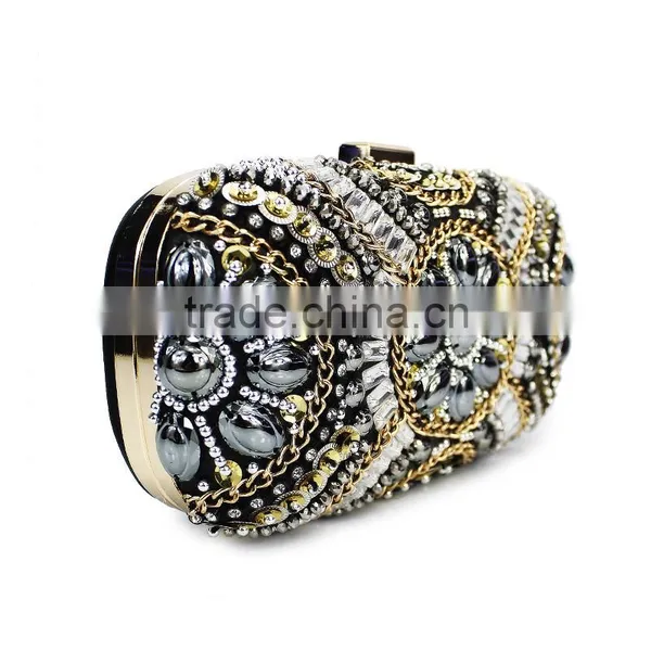 Fashion Classic Design Embroidery Flowers Party Black Diamond Clutch Evening Bag Shoulder Bag Handbag Ladies Purse(C024) photo-2