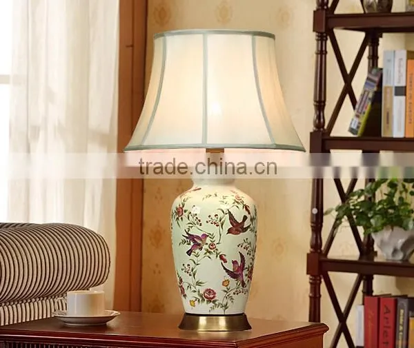 Metal Base In Antique Brass Printing Birds Ceramic Body With Fabric Lampshade Vintage Style Decorative Table Lamp photo-2