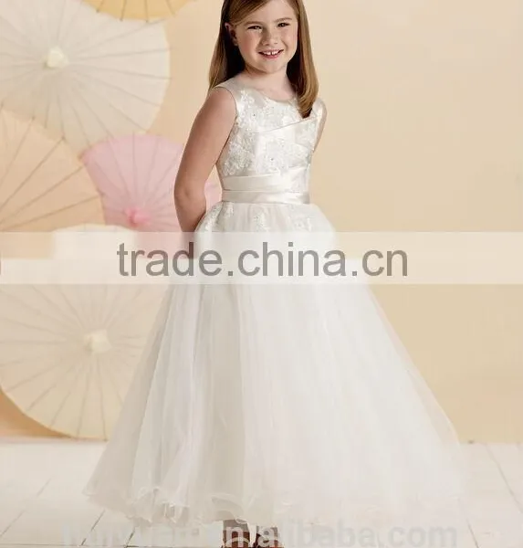 High Quality Baby Gown off Shoulder Lace Satin Top Flower Girl Tulle Dress photo-2