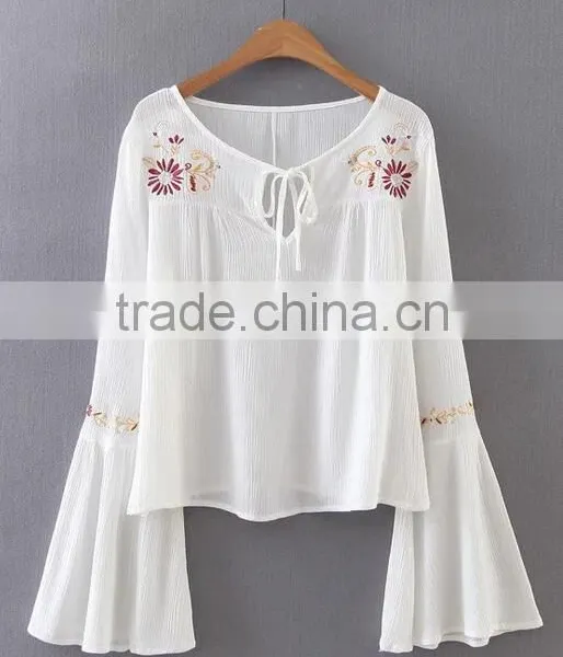 Runwaylover EY2366B Ladies Fashion Flare Sleeve Embroidery Blouse photo-2