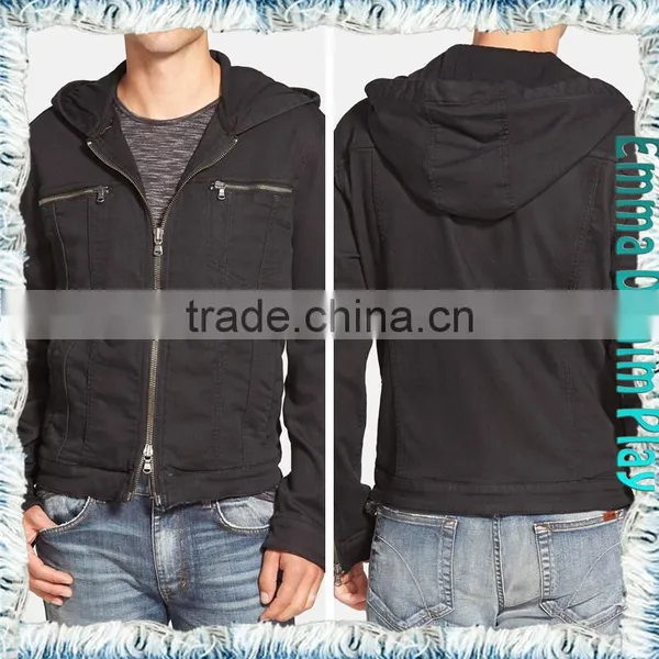 2016 Wholesale Autumn Fashion Men Zipper Soild Black Denim Jackets With Hooded photo-2