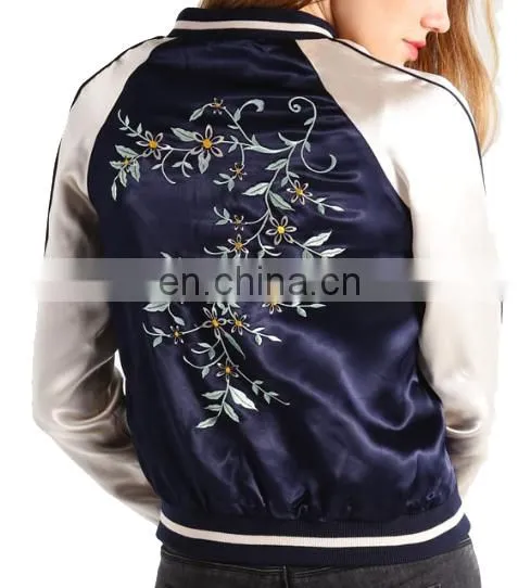 Hot Selling Woman Embroidered Satin Baseball Jacket Wholesale photo-4