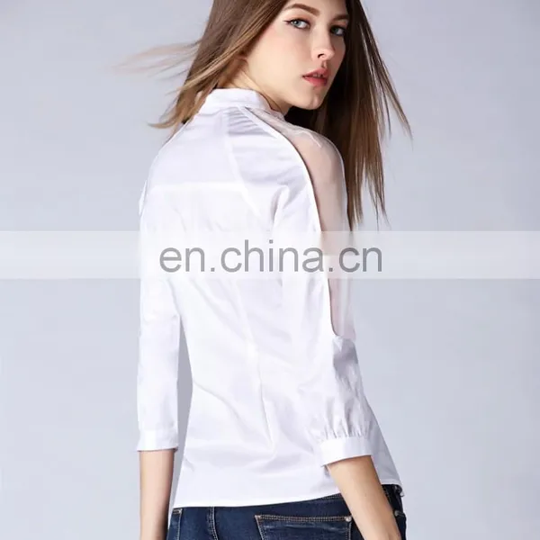OEM/ODM Ladies Fashion Stand Collar 3/4 Sleeves Sexy Organza off Shoulder Fitting Shirt photo-4